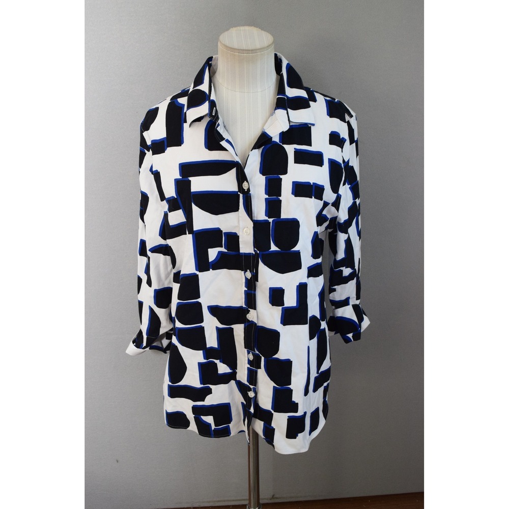Chico's Button Down Shirt 2 L White Geometric No-Iron Chic Stretch Art to Wear